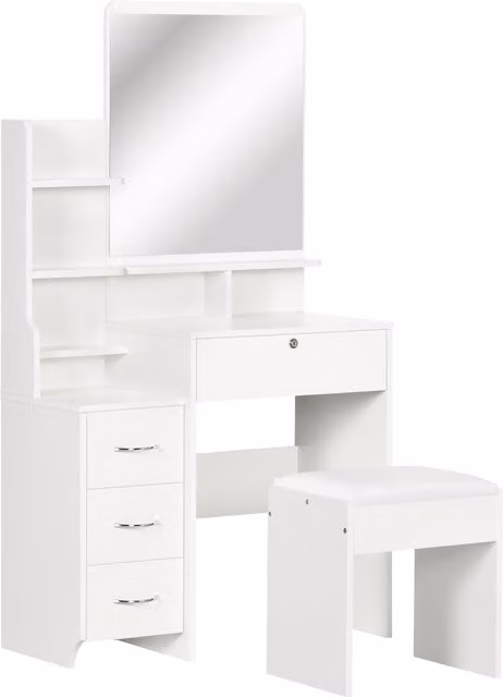Set da Trucco HOMCOM Bianco con Specchio, Tavolo con Sgabello, 4 Cassetti e 4 Ripiani