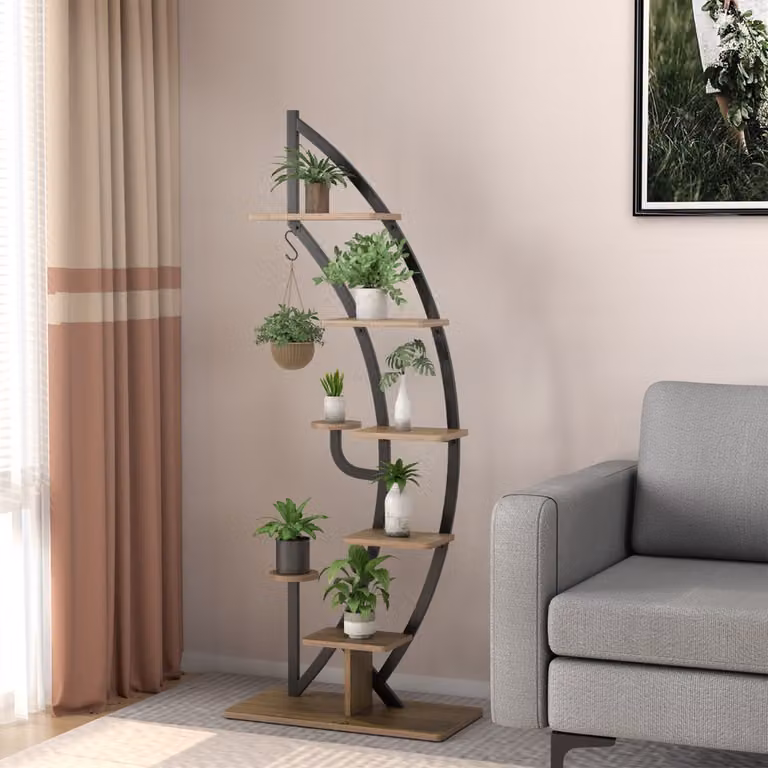 Scaffale per piante Costway in metallo a 7 livelli con design a mezza luna e gancio superiore, colore nero opaco