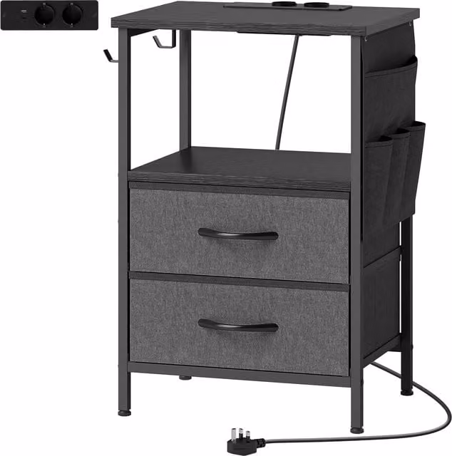 Tavolino da salotto e laterale HOMCOM con stazione di ricarica USB-C, struttura in acciaio e cassetti, Nero, L 40 cm x P 30 cm x H 60 cm