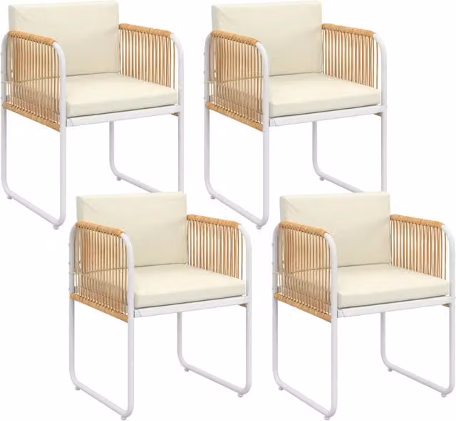 Set di 4 sedie RIO IDMarket con struttura in acciaio verniciato bianco, cordoncino effetto rattan chiaro e cuscini beige per giardino e terrazza