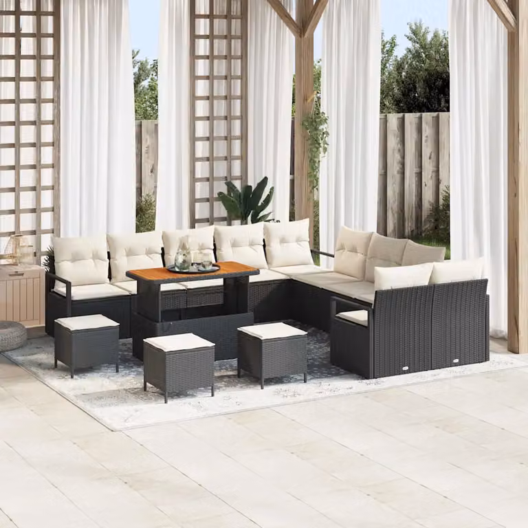 Set Divano da Giardino vidaXL 14 Pezzi Nero con Cuscini e Tavolino da Esterno in Polyrattan e Acciaio