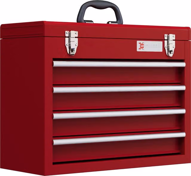 Cassetta Porta Attrezzi DURHAND in Acciaio con 4 Cassetti e Vassoio Superiore a Doppia Serratura, Rosso, L 51 cm x P 22 cm x H 39.5 cm