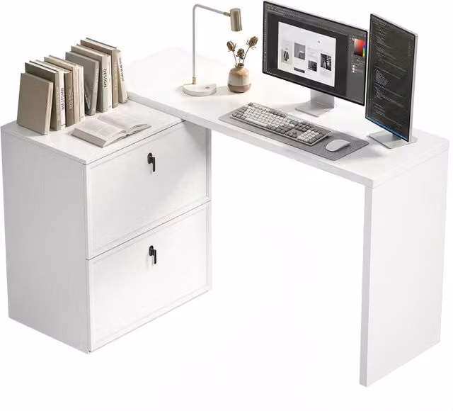 Scrivania Angolare Moderna Minimal con Cassettiera Bianca per Ufficio o Home Office L/P/H: 90 x 50 x 75 cm