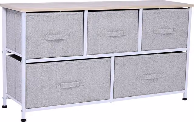 Cassettiera HOMCOM con 5 cassetti per camera da letto in metallo e MDF, Grigio, L 100 x P 30 x H 54 cm