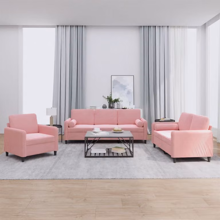 Set di divani 3 pezzi vidaXL in velluto rosa con cuscini per soggiorno moderno
