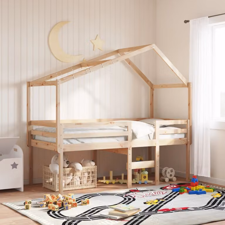 Letto a soppalco con tetto vidaXL in legno di pino marrone per bambini L: 200 cm, P: 80 cm, H: 144,5 cm