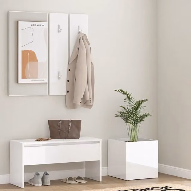 Set di mobili da corridoio moderno vidaXL bianco lucido con panca, specchio e pannello in legno e plastica