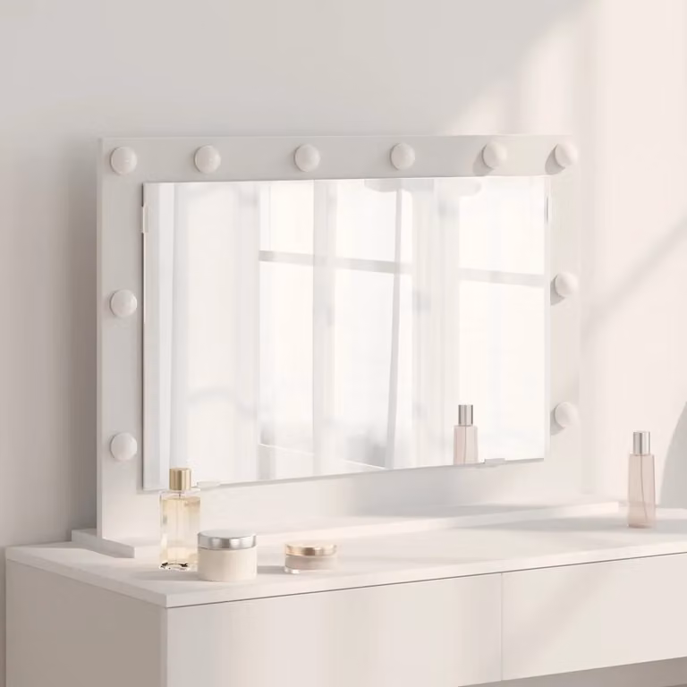 Specchio da vanità da tavolo vidaXL con luce LED, bianco, rettangolare, L: 80 cm, P: 18 cm, H: 15 cm