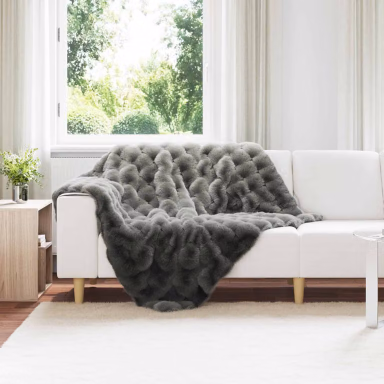 vidaXL Coperta antiscivolo Olite in finta pelliccia di coniglio grigia, L 150 cm x P 130 cm x H 4 cm