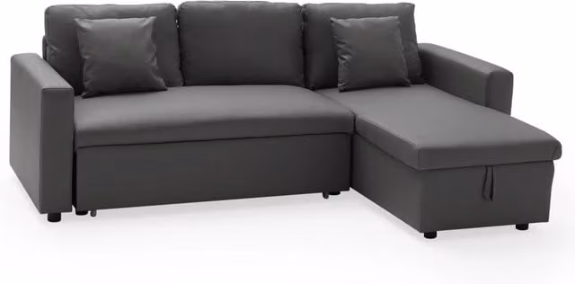 CLARK Divano letto angolare a 3 posti grigio con struttura in legno e rivestimento in ecopelle