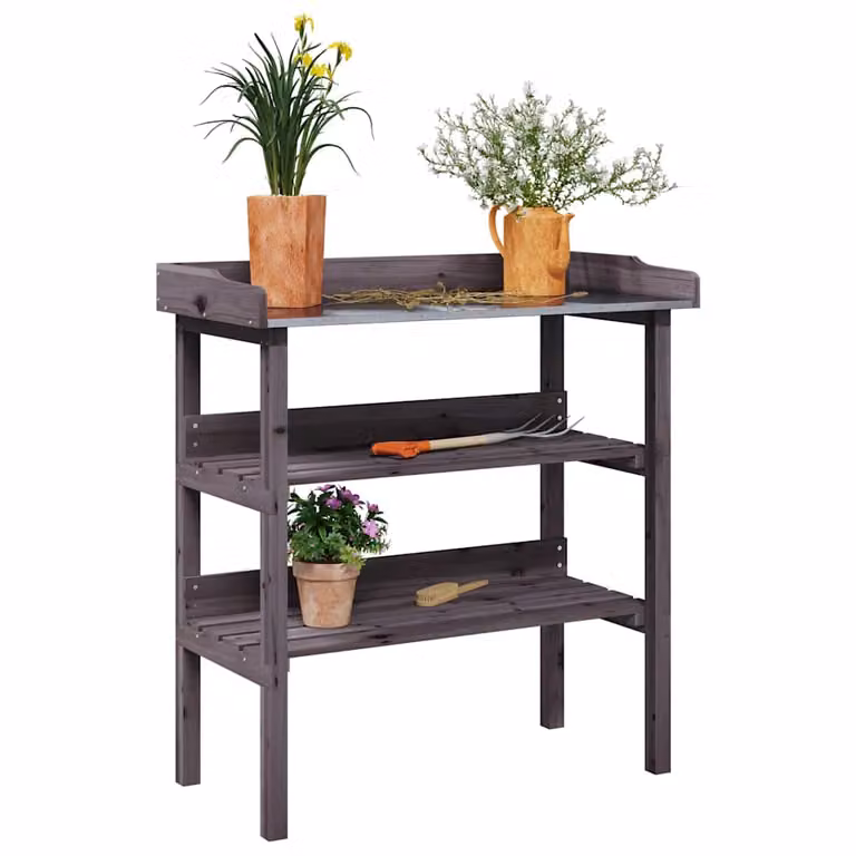 Tavolo per piante vidaXL in legno di abete massello e metallo, stile rustico, Grigio, L 78 cm x P 38 cm x H 82,5 cm