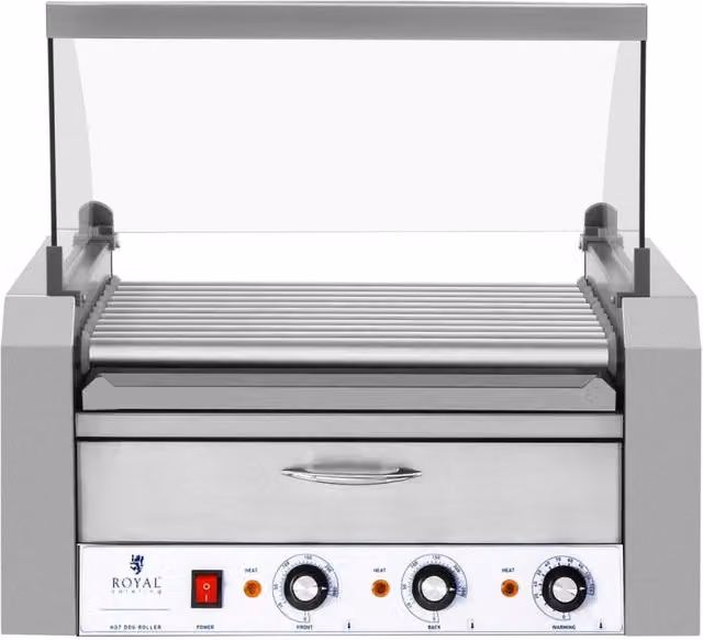 Griglia elettrica per salsicce con 11 rulli e cassetto scaldavivande in acciaio inox color argento