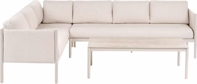 Set da salotto da esterno Beliani con divano ad angolo a destra e tavolino, 5 posti, struttura in alluminio verniciato a polvere e piano in vetro, colore beige