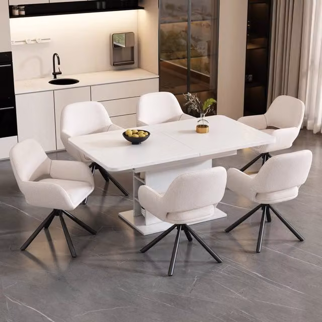 Set di 6 sedie da pranzo girevoli Zephmum bianche in tessuto con dettagli in legno e metallo