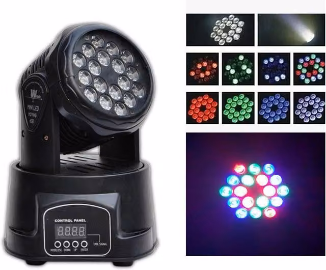 Mini Moving Head Led Trade Shop Traesio Multicolore con 18x3w RGB Dimmable per Feste e Party