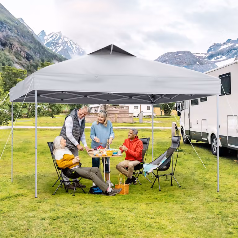 Gazebo pieghevole pop-up Costway per patio all'aperto con blocco centrale, Bianco, L/P: 295 x 295 cm, H: 275 cm