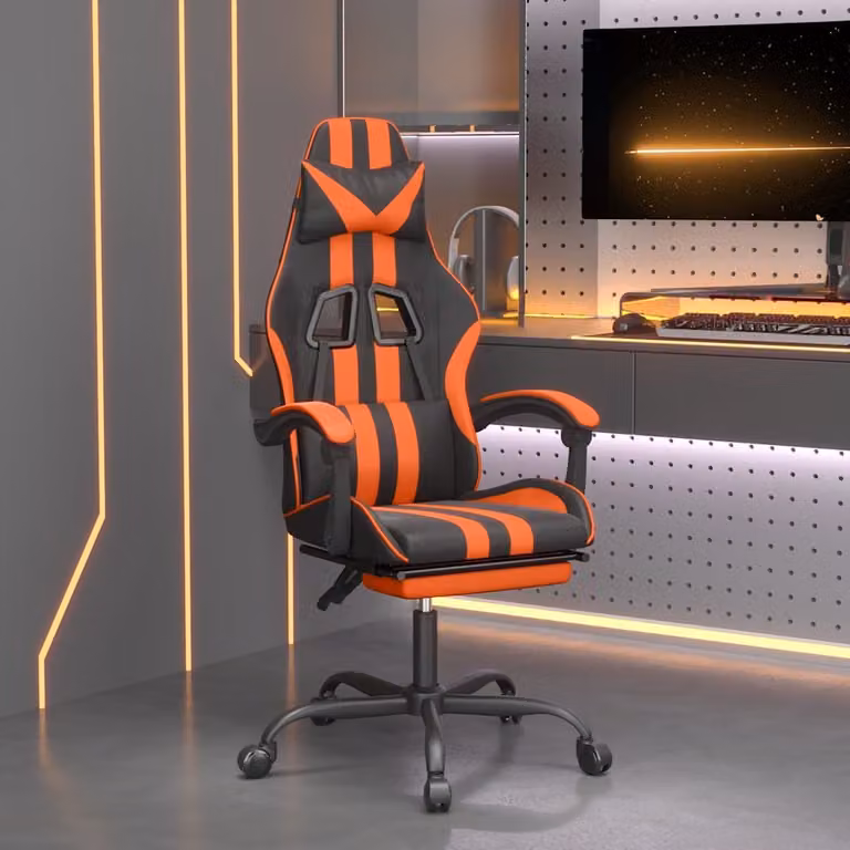 Sedia da Gaming Girevole vidaXL in Similpelle Nero e Arancione con Poggiapiedi e Braccioli