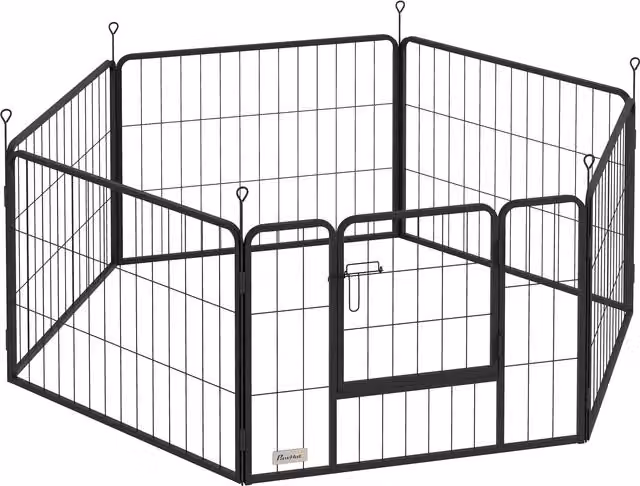 PawHut Recinto per Cani Modulabile a 6 Pannelli in Acciaio Nero con Porta di Ingresso L: 80 cm, H: 60 cm, P: 1.5 cm