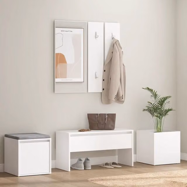 Set di mobili da corridoio vidaXL bianco in legno e plastica con panca, specchio, pannello e scarpiera