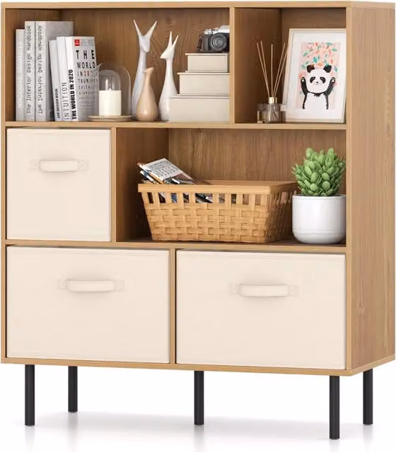 Libreria organizzatore Design Mania con 6 cubi, 3 livelli e 3 cassetti in tessuto, struttura in legno naturale e gambe in metallo, colore beige e marrone, H: 105 cm, L: 90 cm, P: 40 cm