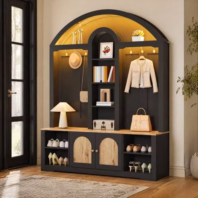 Armadio guardaroba da ingresso moderno nero con illuminazione integrata e ripiani, design ad angolo, L/P/H: 150 x 40 x 195 cm