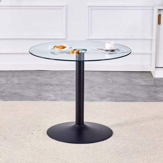 Tavolo da bar moderno Zephmum rotondo in vetro nero e trasparente con base in metallo, Diametro: 85 cm, Altezza: 76 cm