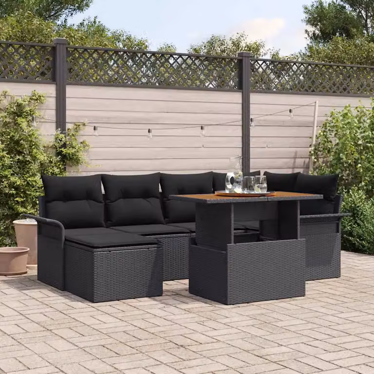 Set Divano da Giardino vidaXL in Polyrattan Nero 7 Pezzi