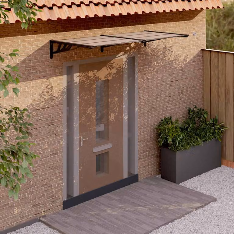Tettoia per porta da parete vidaXL in policarbonato e alluminio, colore nero, L: 199 cm, P: 90 cm, H: 27,5 cm