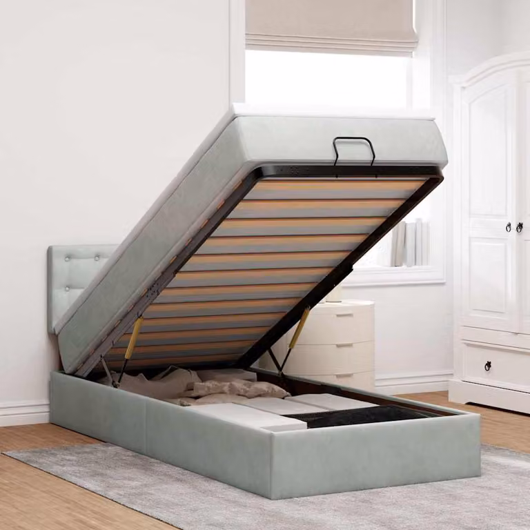 Letto con Pouf e Materasso vidaXL in Velluto con Base a Sollevamento, Illuminazione Sottostante e Porte USB, L/P/H: 203 x 90 x 140 cm, Grigio e Bianco