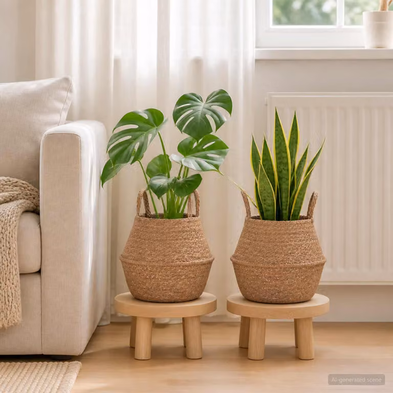 Set di 2 vasi da fiori con manici vidaXL in rattan, colore beige e marrone, Ø: 22 cm, H: 20 cm