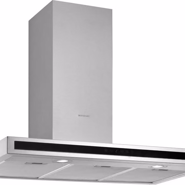 Cappa a parete Silverline in acciaio inox e vetro, colore nero e argento, con display LED e modalità aspirazione o ricircolo con carboni attivi