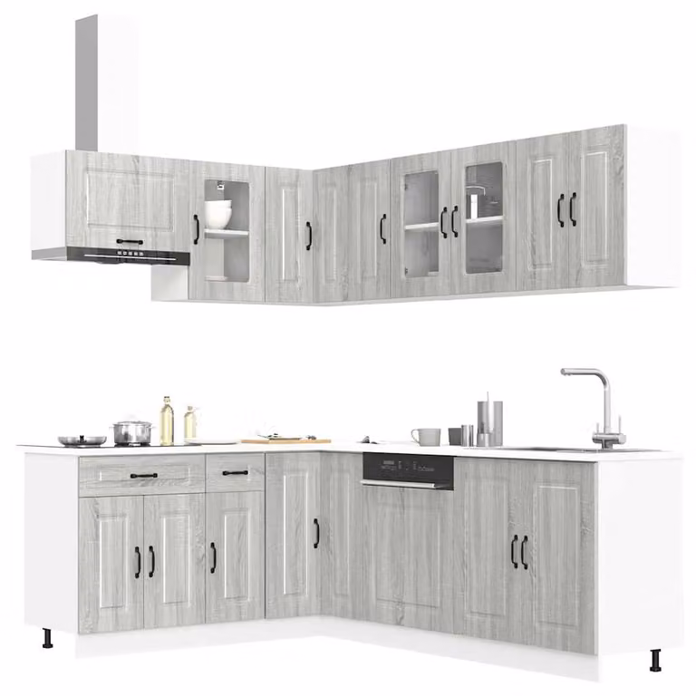 Set di mobili da cucina moderno vidaXL Kalmar composto da 11 pezzi in colore grigio Sonoma con ante a battente e ripiani interni