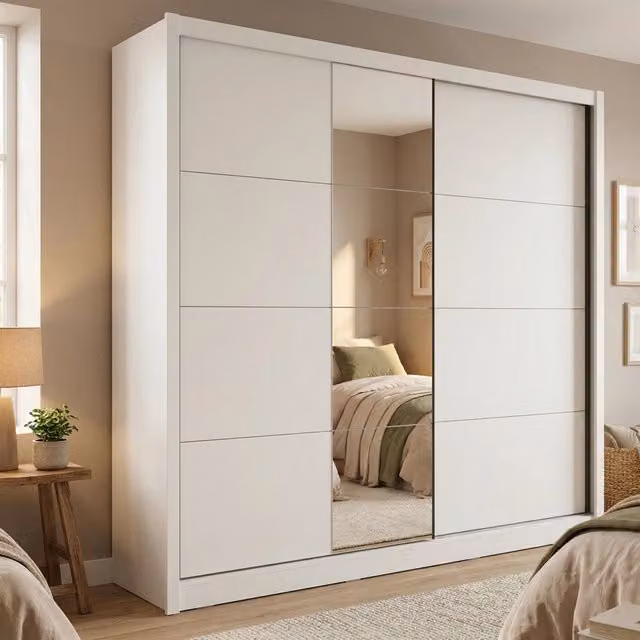 Armadio da camera da letto DMORA con ante scorrevoli e specchio, Bianco Opaco, L: 251 cm, H: 215.5 cm, P: 60 cm