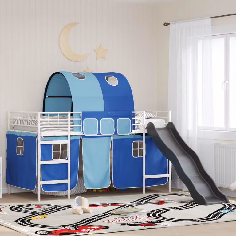 vidaXL Letto a castello per bambini con struttura a casetta e scala, Metallo, Bianco, Blu e Nero, H: 116 cm, L: 205 cm, P: 112 cm