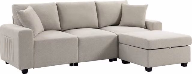 Divano Angolare HOMCOM a 3 Posti in Tessuto Effetto Lino con Poggiapiedi Rimovibile e 2 Cuscini, Beige