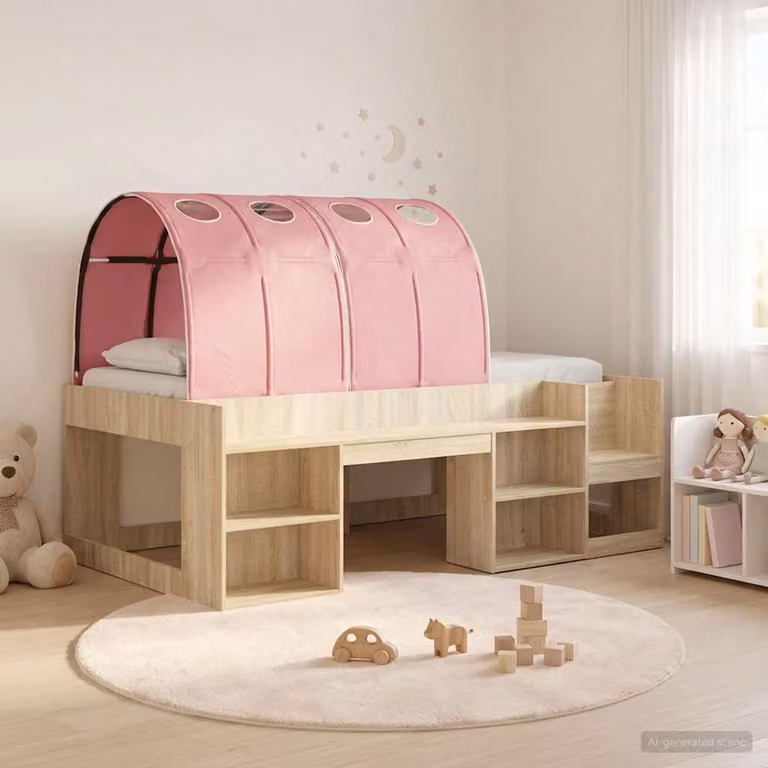 Letto alto per bambini vidaXL con contenitore, 3 pezzi, Rovere Sonoma e Rosa, L: 203 cm, P: 120 cm, H: 118,5 cm