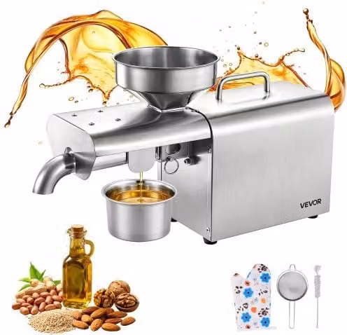 VEVOR Macchina Pressa Elettrica per Spremitura Olio 750 W con Pressatura a Caldo 50-300 °C in Acciaio Inox Argento