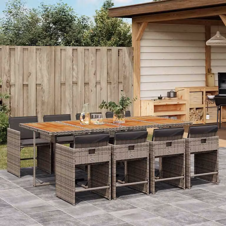 Set da pranzo da giardino vidaXL in polyrattan e legno di acacia con 9 pezzi, colore grigio e marrone