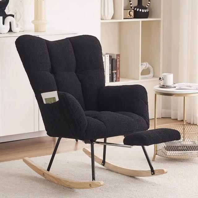 Poltrona a dondolo OKWISH con poggiapiedi pieghevole e schienale alto in tessuto boucle nero, L: 80 cm, P: 98 cm, H: 98,5 cm