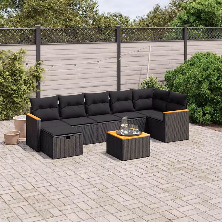Set di Divani da Giardino a L vidaXL in Polyrattan Nero con 8 Pezzi e Cuscini Inclusi