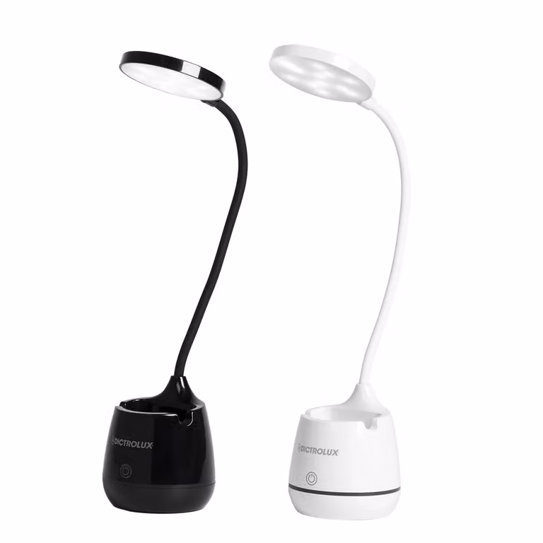 Dictrolux Lampada da Scrivania LED con Portapenne e Stand per Smartphone con Ricarica USB, Dimmerabile e Regolabile, Bianca o Nera