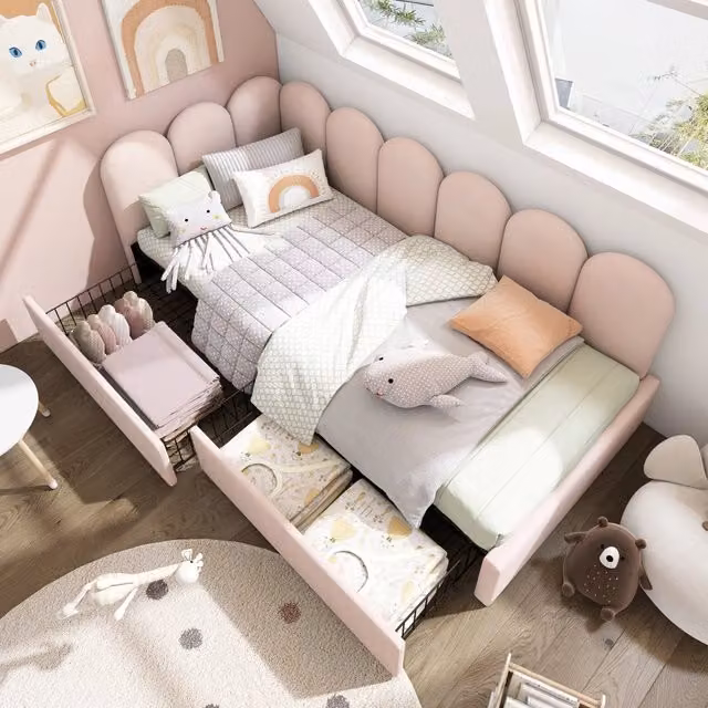 Letto daybed MIVRAY imbottito in velluto rosa con cassetti e struttura a L reversibile L/P: 90 x 190 cm