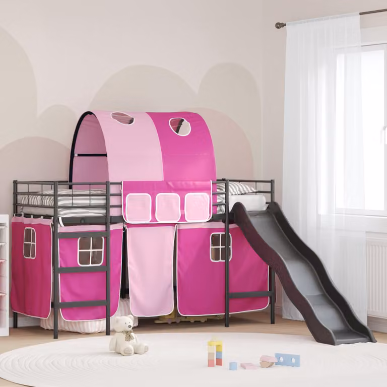 vidaXL Letto a castello per bambini con struttura a casetta e scala, Nero e rosa, L/P/H: 190 x 90 x 116 cm
