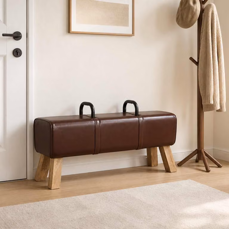 Panchina moderna vidaXL in legno di mango e pelle vera marrone L: 110 cm, P: 30 cm, H: 45 cm