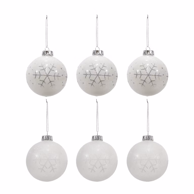 Vestiamo Casa Gran Natale - Set di 6 palline di Natale bianche con fiocco e decorazioni a fiocchi di neve, diametro: 8 cm