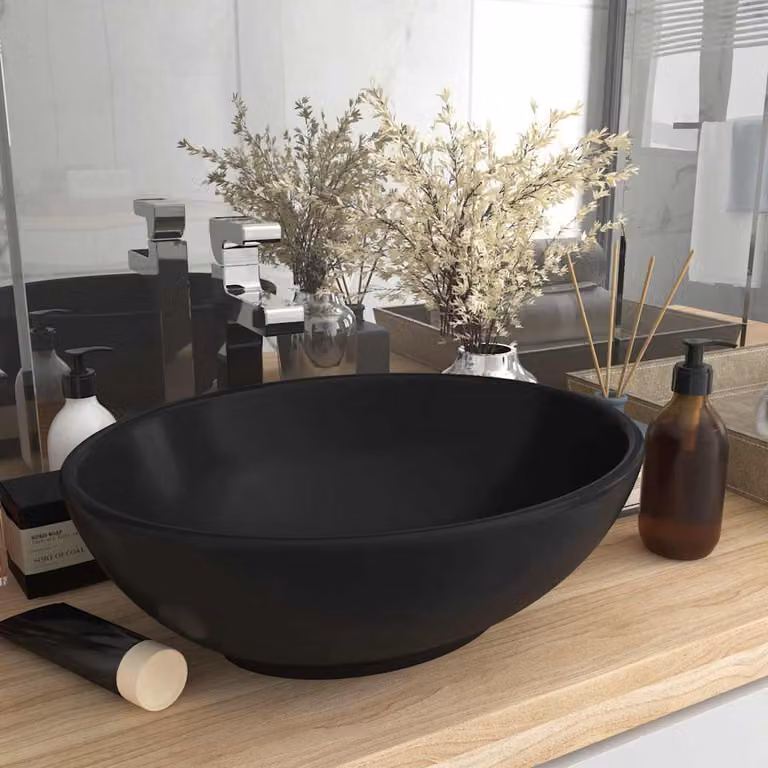 vidaXL Lavandino Ovale da Appoggio in Ceramica Nero Opaco L 40 cm x P 33 cm x H 13,5 cm