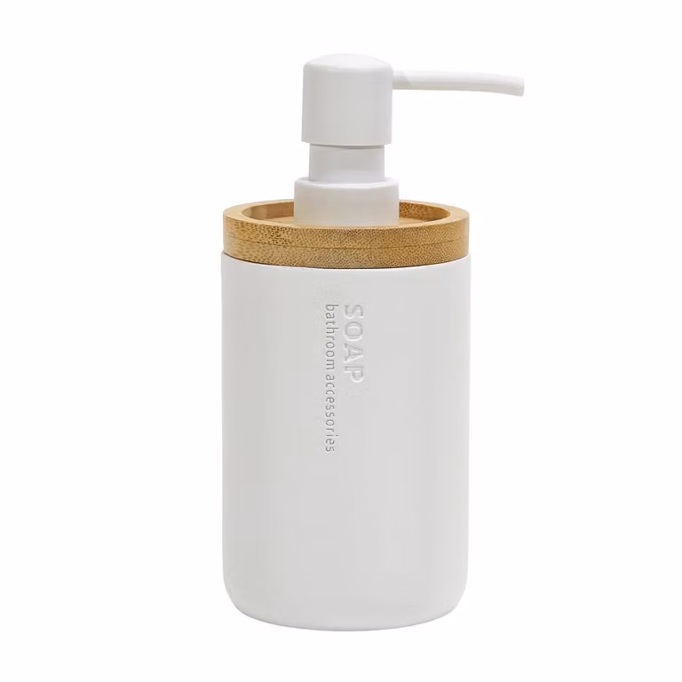 Dispenser per sapone Vestiamo Casa in poliresina e bamboo, colore bianco, capacità 280 ml, H 17 x L 7,5 x P 7,5 cm