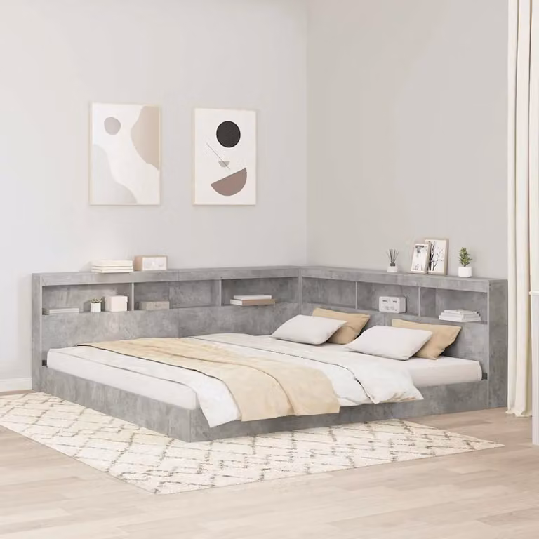 Testata letto con contenitore vidaXL Grigio cemento con ripiani integrati e porta USB in legno e metallo L/P/H: 217.5 x 19.9 x 76.5 cm