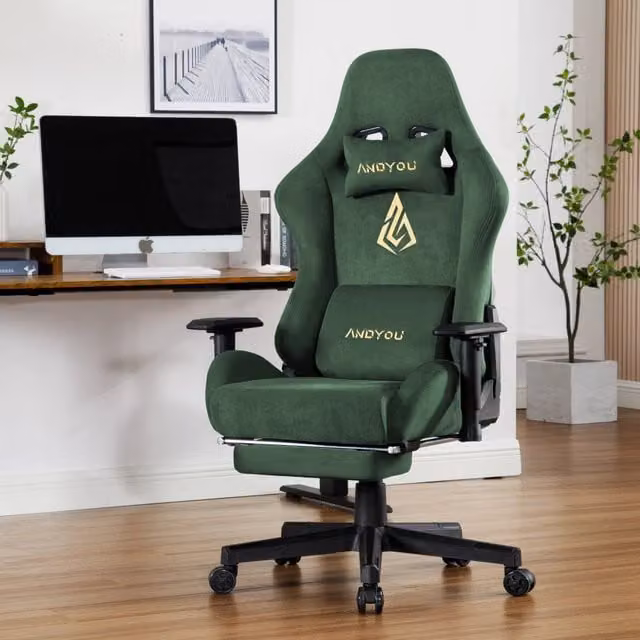 Poltrona da gaming Minimal verde con poggiapiedi regolabile, girevole e poggiatesta