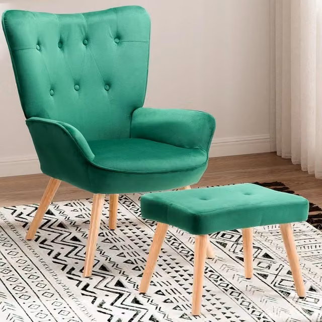Poltrona Lounge in Velluto Verde con Poggiapiedi Integrato e Gambe in Legno e Metallo in Stile Scandinavo Giordanoshop